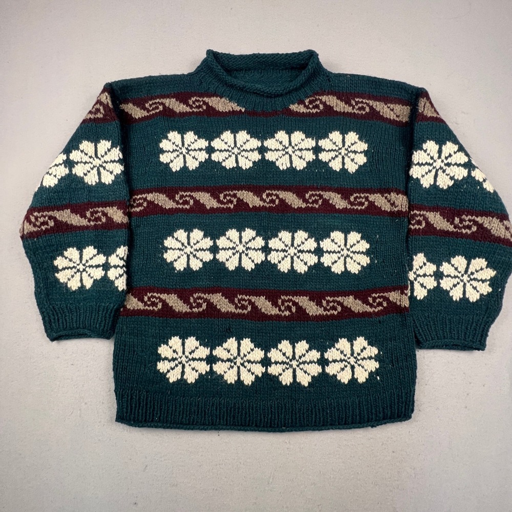 Hand Knit Nordic Snowflake Sweater Mens XL Teal Wool Blend Fair Isle Cabin Core
